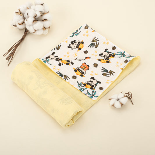 Çift Taraflı Muslin Örtü - Sarı Muslin - Tropikal Panda