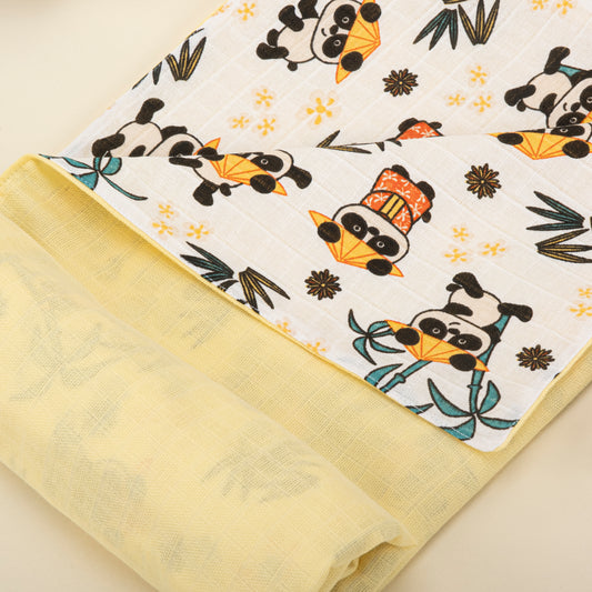 Çift Taraflı Muslin Örtü - Sarı Muslin - Tropikal Panda