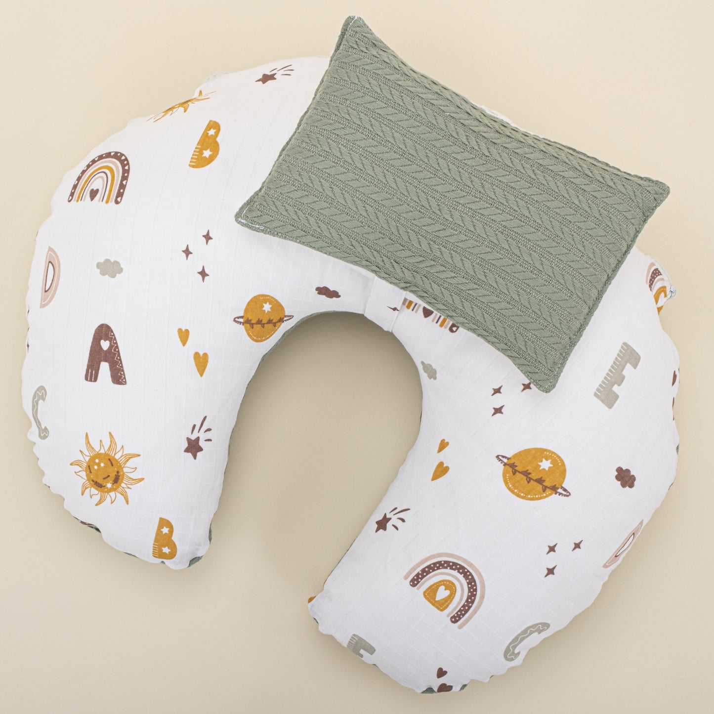 Emzirme Yastığı - Çift Taraflı - Koyu Yeşil Örgü - Galaksi ve Harfler