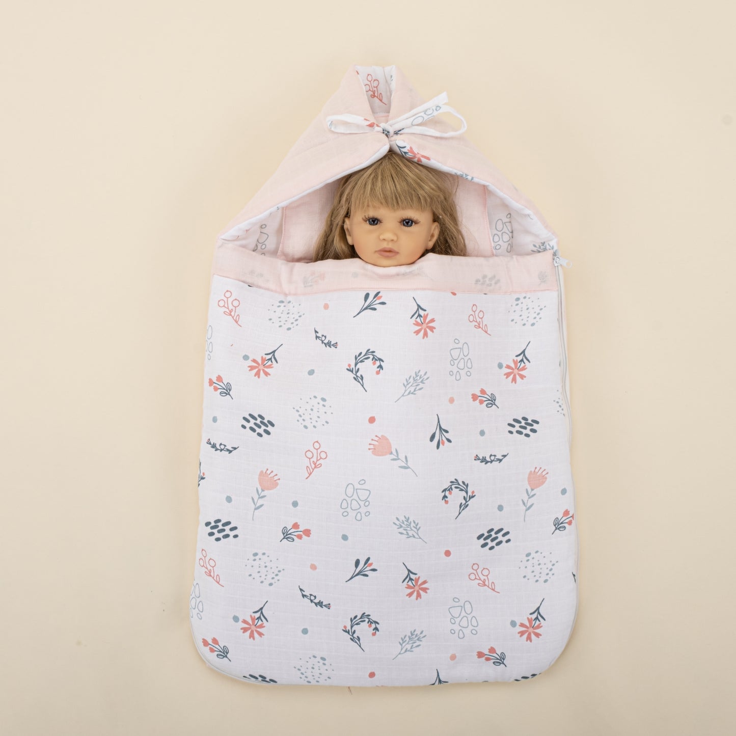 Uyku Tulumu ve Yastık - Bebe Pembe Muslin - Yeşil Çiçekler