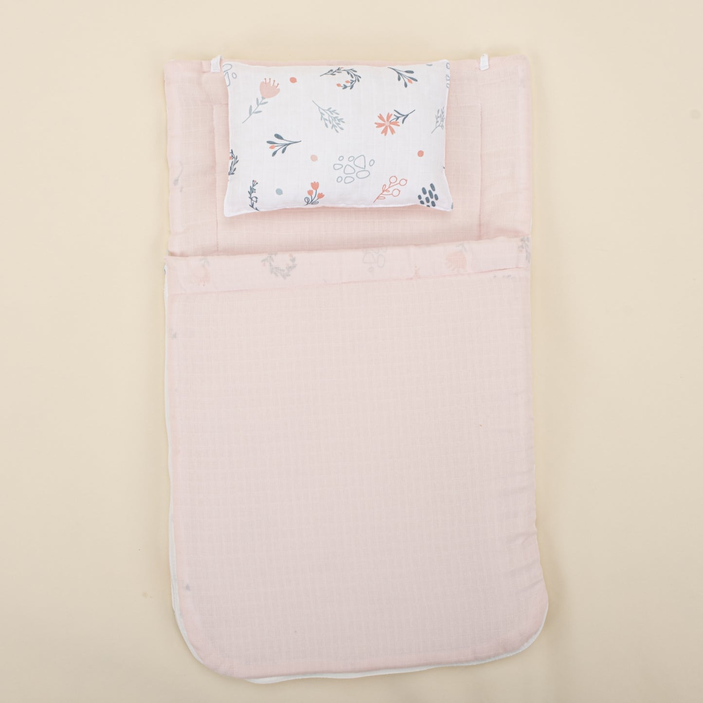 Uyku Tulumu ve Yastık - Bebe Pembe Muslin - Yeşil Çiçekler