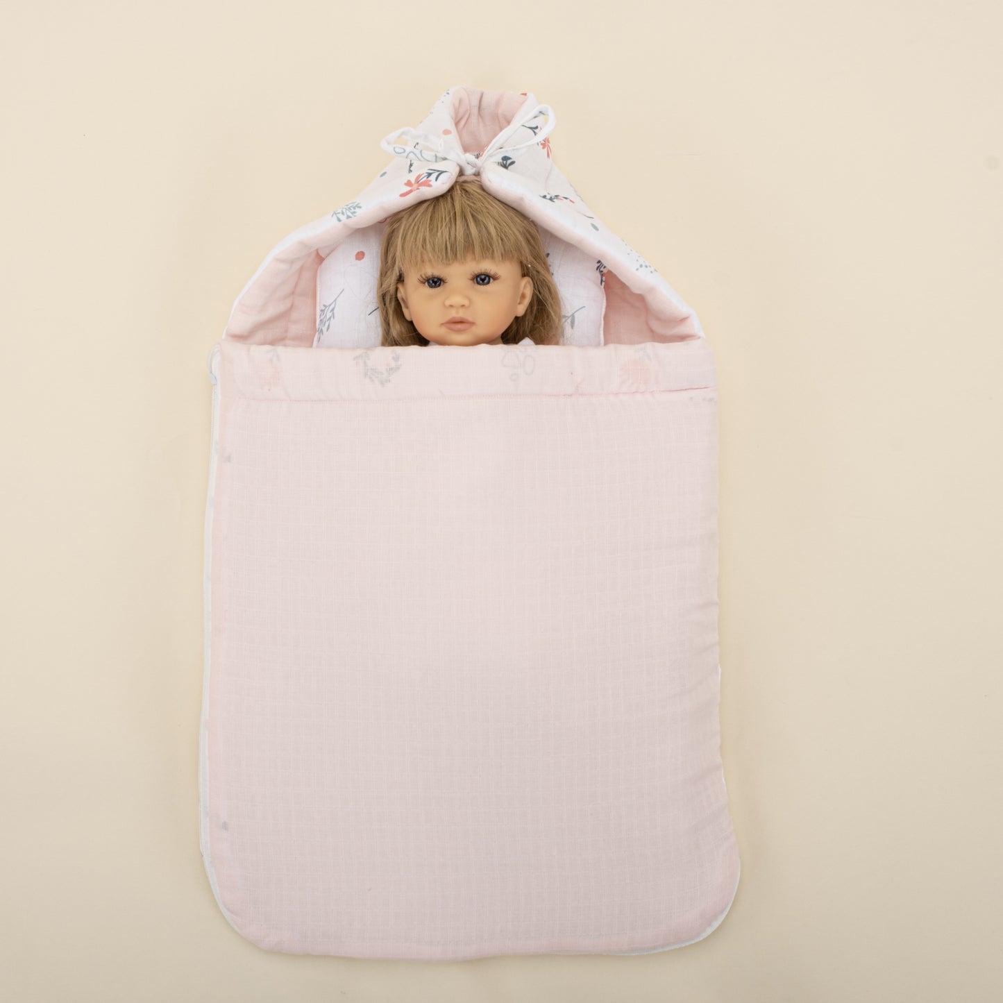 Uyku Tulumu ve Yastık - Bebe Pembe Muslin - Yeşil Çiçekler