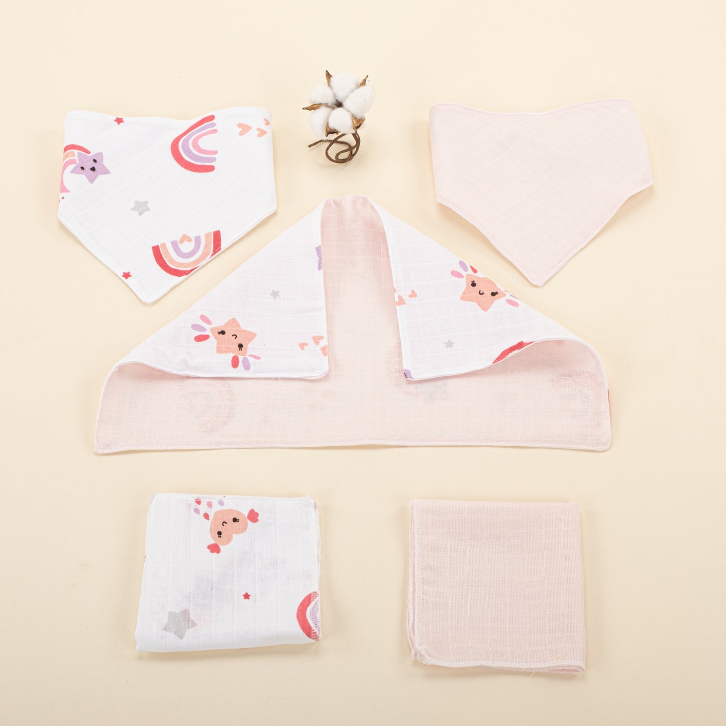 11 Parça Avantajlı Set - Çift Taraflı - Pembe Müslin - Pembe Gökkuşağı