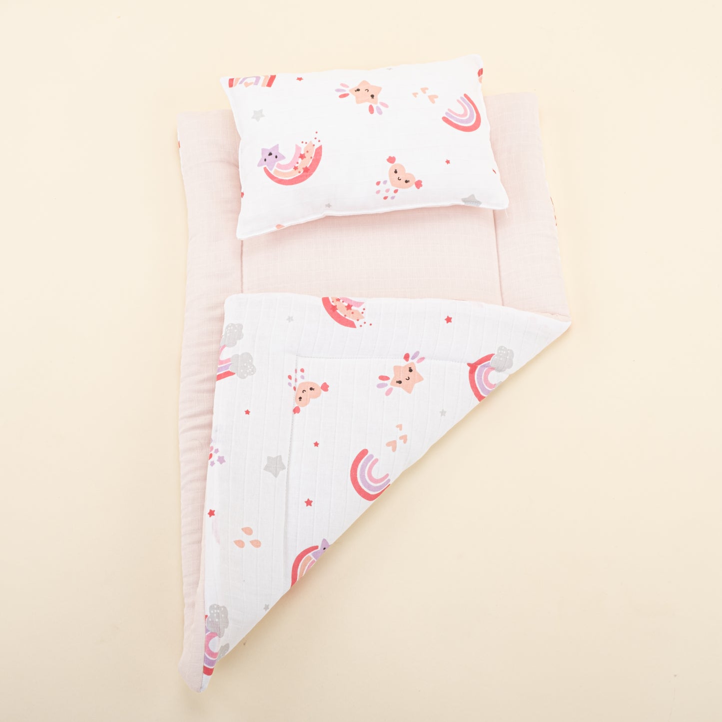 Alt Açma Matı ve Yastık - Çift Taraflı - Bebe Pembe Muslin - Pembe Gökkuşağı