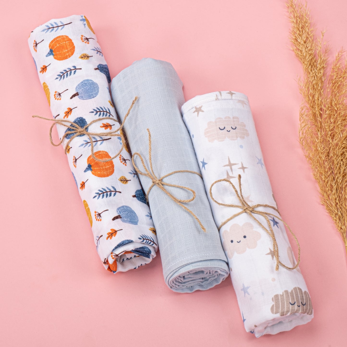 3lü Set - Müslin Örtü - Mavi Balkabağı - Mavi - Mavi Bulut