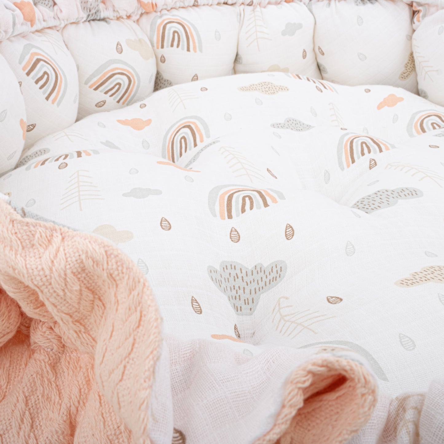 Yuvarlak Babynest - Çift Taraflı - Somon Örgü - Yeşil Gökkuşağı
