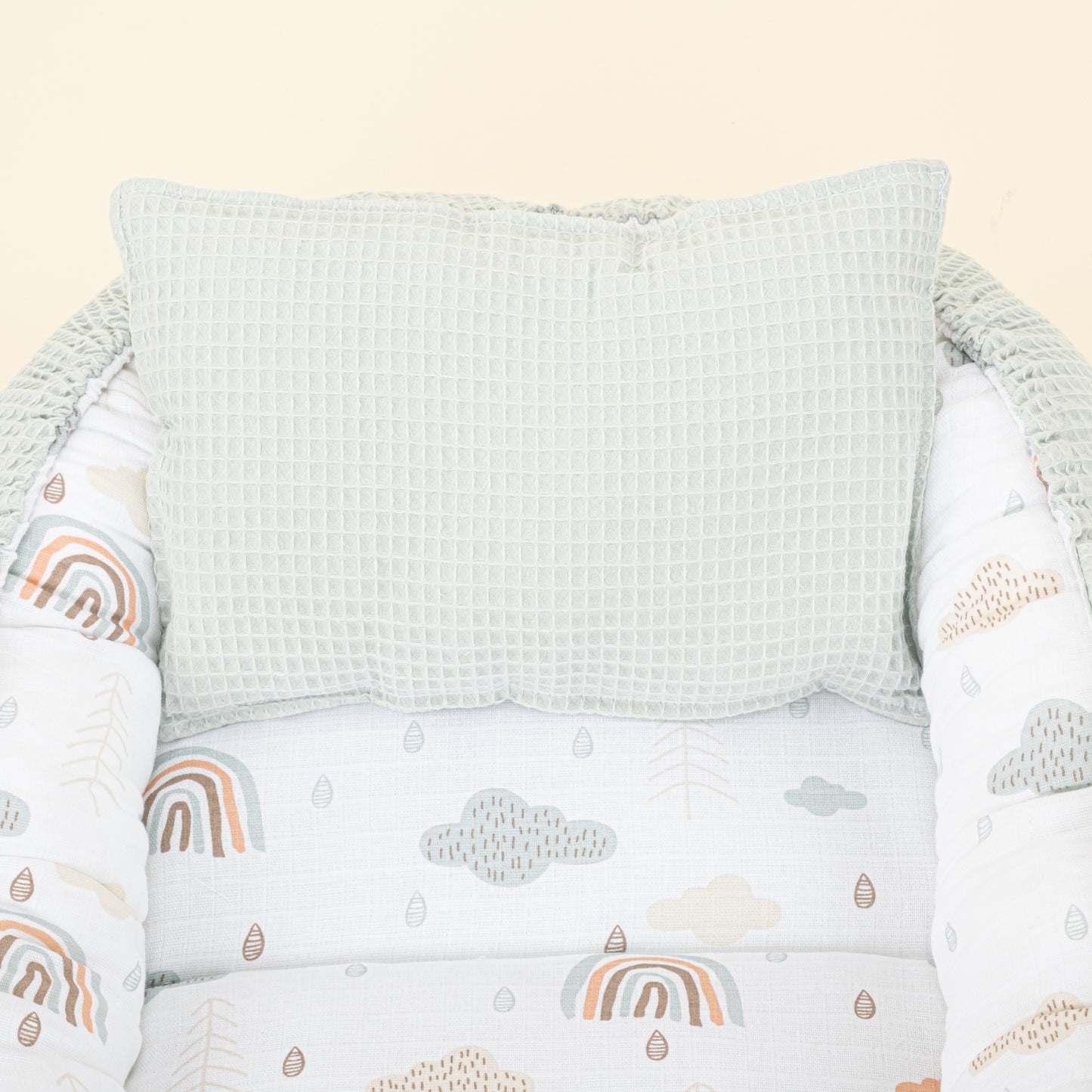 Babynest ve Yastık - Çift Taraflı - Açık Yeşil Petek - Yeşil Gökkuşağı