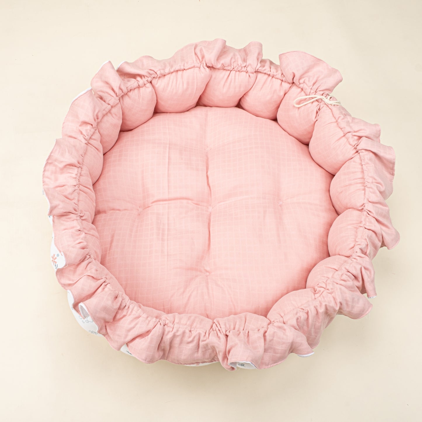 Yuvarlak Babynest - Çift Taraflı - Pembe Muslin - Yeşil Çiçekler