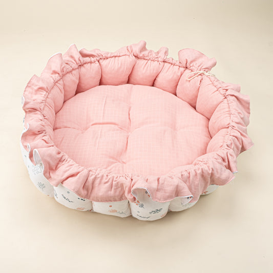 Yuvarlak Babynest - Çift Taraflı - Pudra Muslin - Yeşil Çiçekler