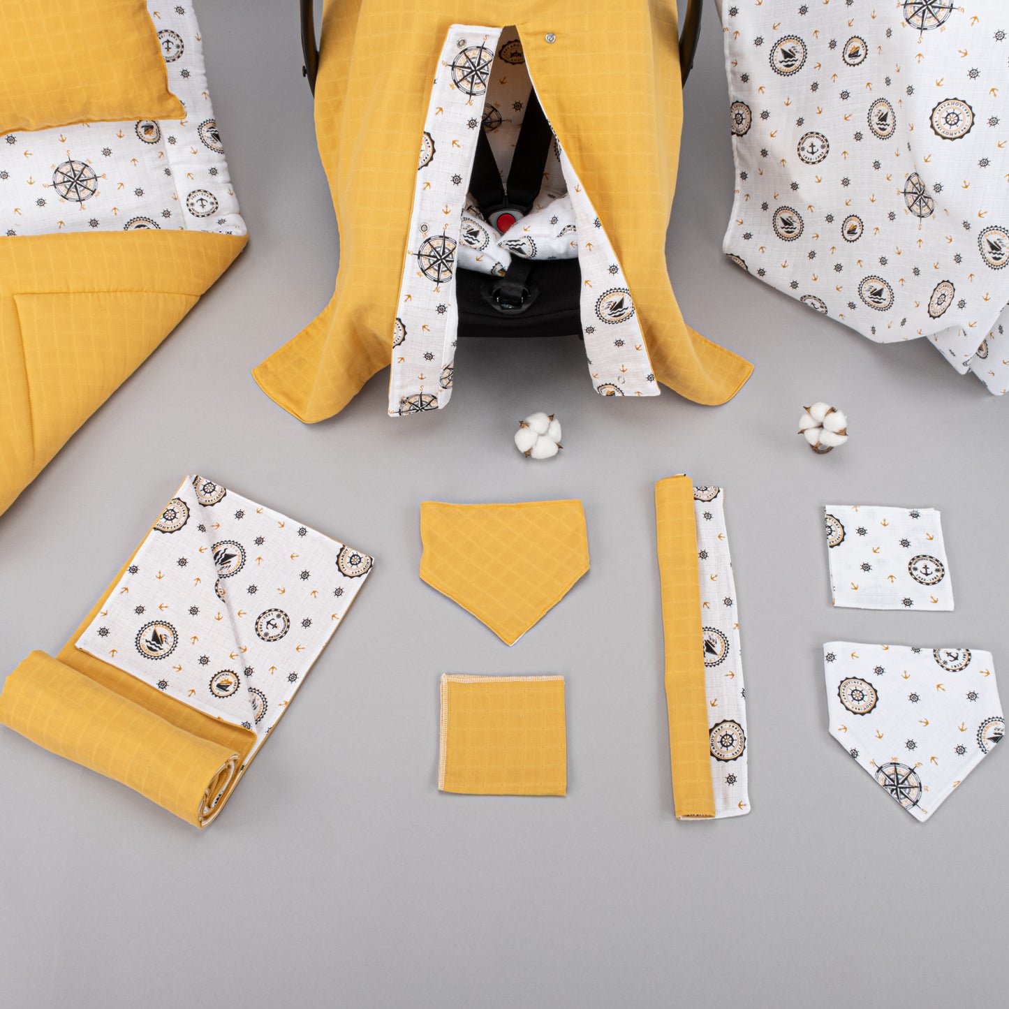 11 Parça Avantajlı Set - Çift Taraflı - Hardal Muslin - Sarı Gemili