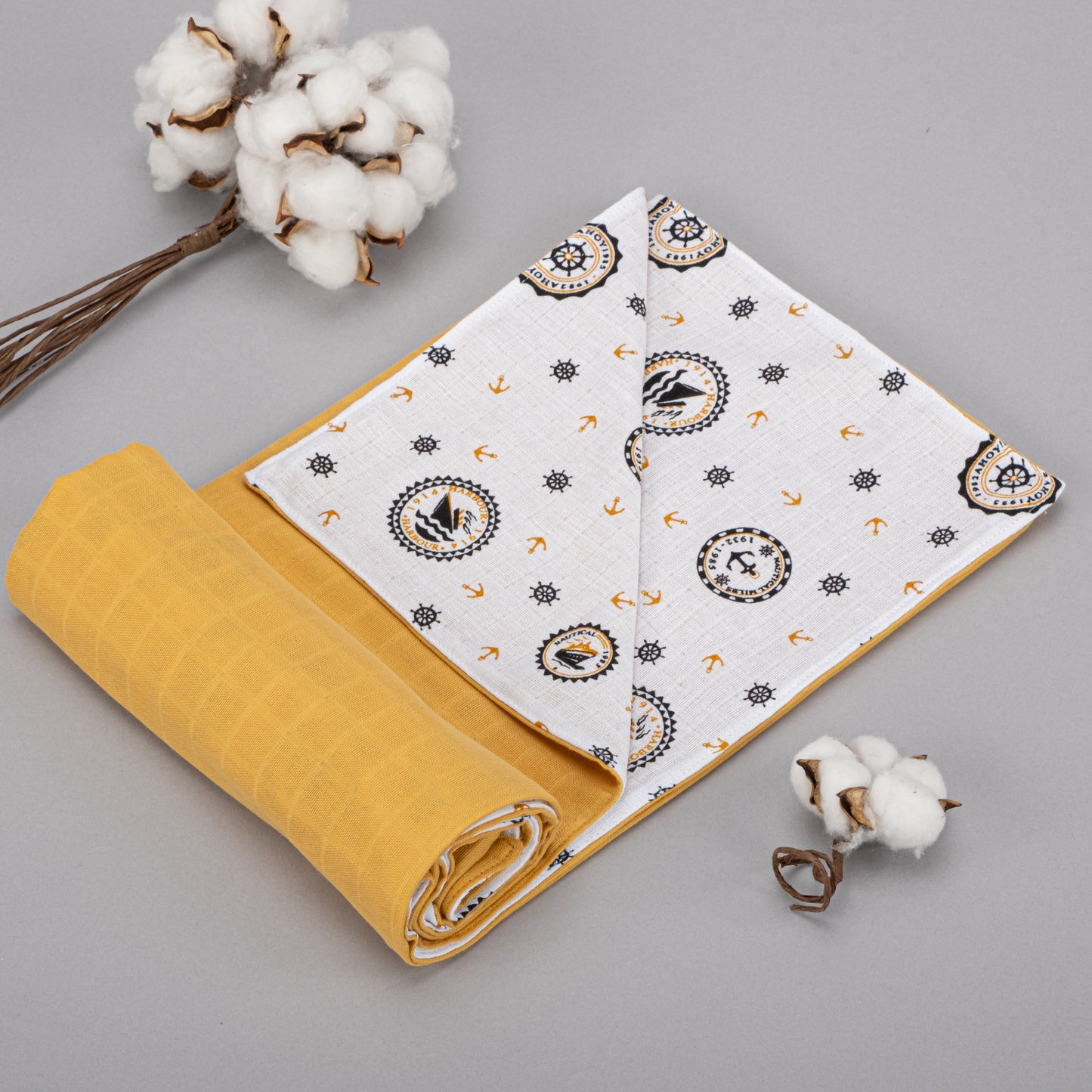Çift Taraflı Muslin Örtü - Hardal Muslin - Sarı Gemili