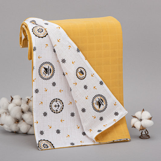 Çift Taraflı Muslin Örtü - Hardal Muslin - Sarı Gemili