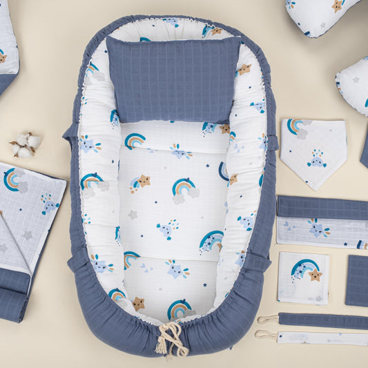 18 Parça Full Set - Çift Taraflı - İndigo Müslin - Mavi Gökkuşağı