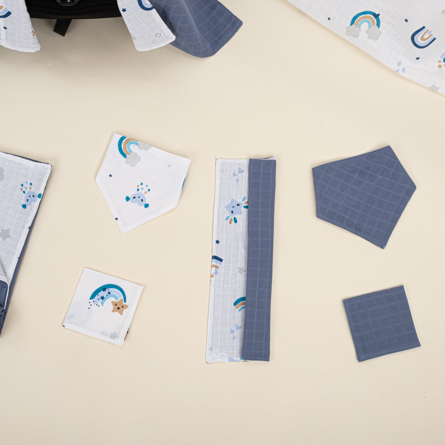11 Parça Avantajlı Set - Çift Taraflı - İndigo Müslin - Mavi Gökkuşağı