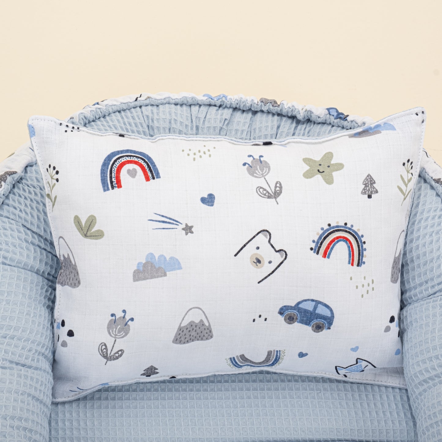 Babynest ve Yastık - Çift Taraflı - Bebe Mavi Petek - Mavi Kedi