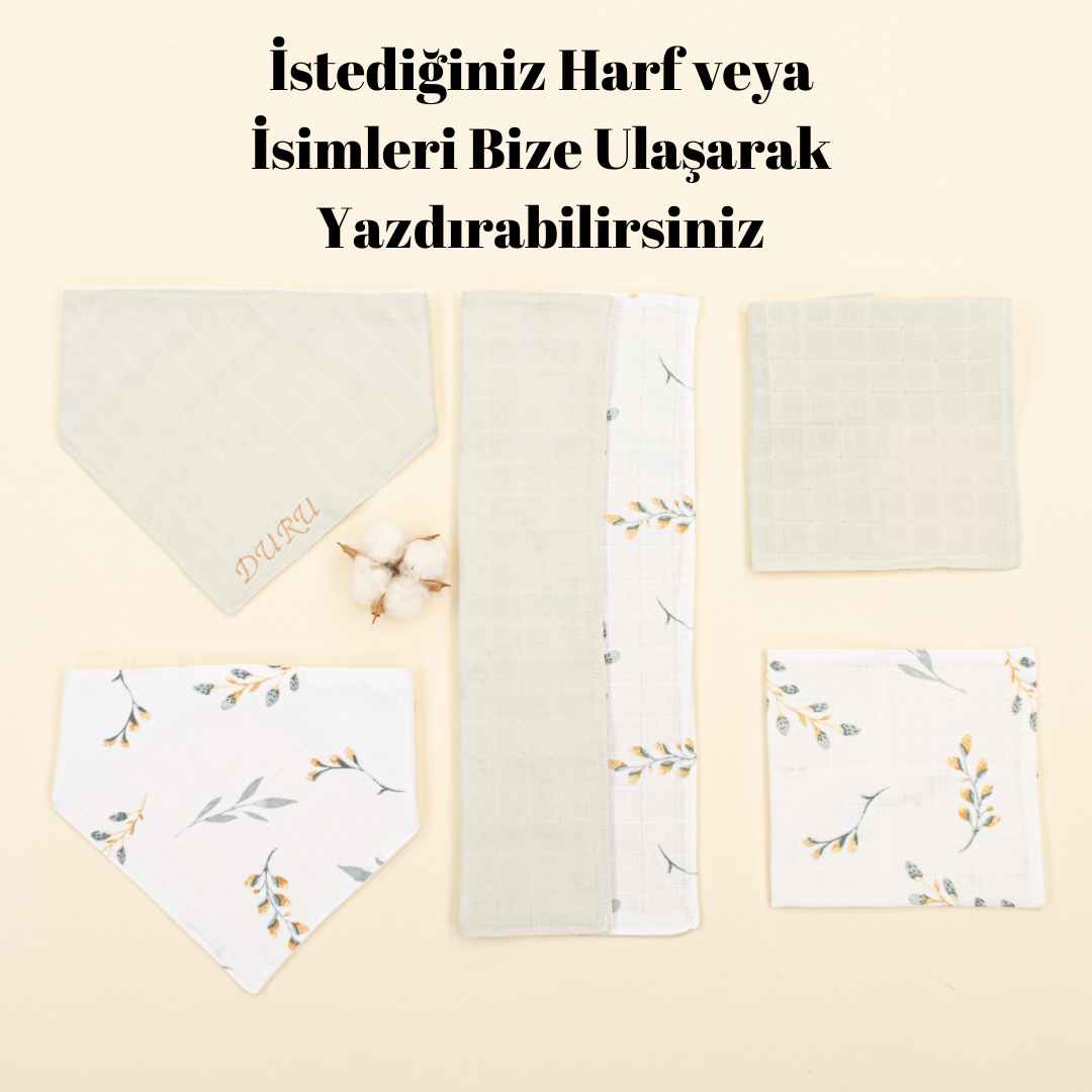 Nakışlı Önlük ve Mendil Seti - Çift Taraflı - Açık Yeşil Muslin - Yapraklar