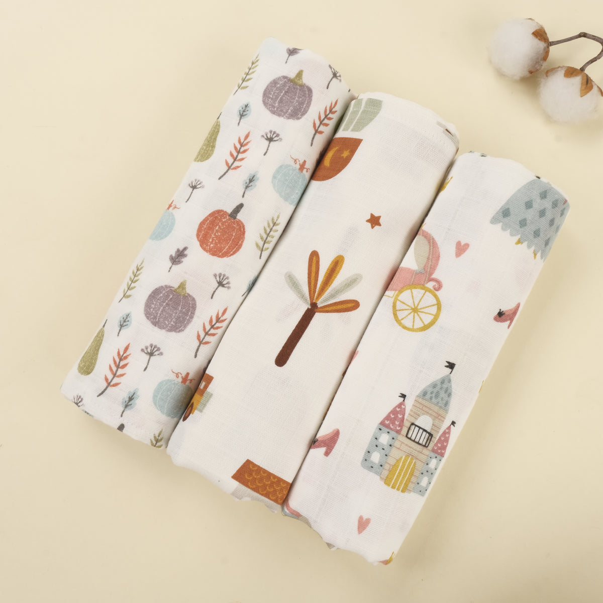 İndirimli Ürün - 3’lü Muslin Örtü Set - Yeşil Balkağı - Sarı Ev - Sindirella
