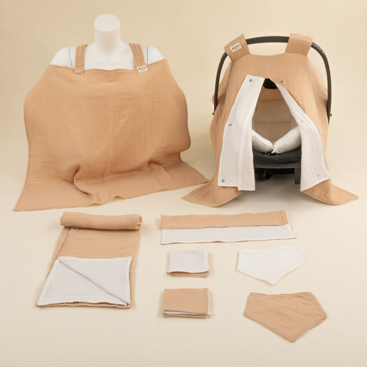 9 Parça Avantajlı Set - Çift Taraflı - İki Katlı Bej Muslin - İki Katlı Krem Muslin