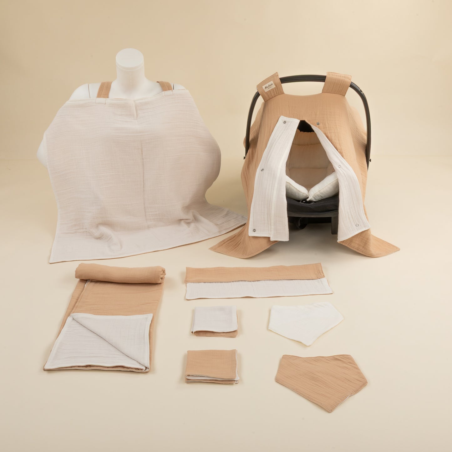 9 Parça Avantajlı Set - Çift Taraflı - İki Katlı Bej Muslin - İki Katlı Krem Muslin