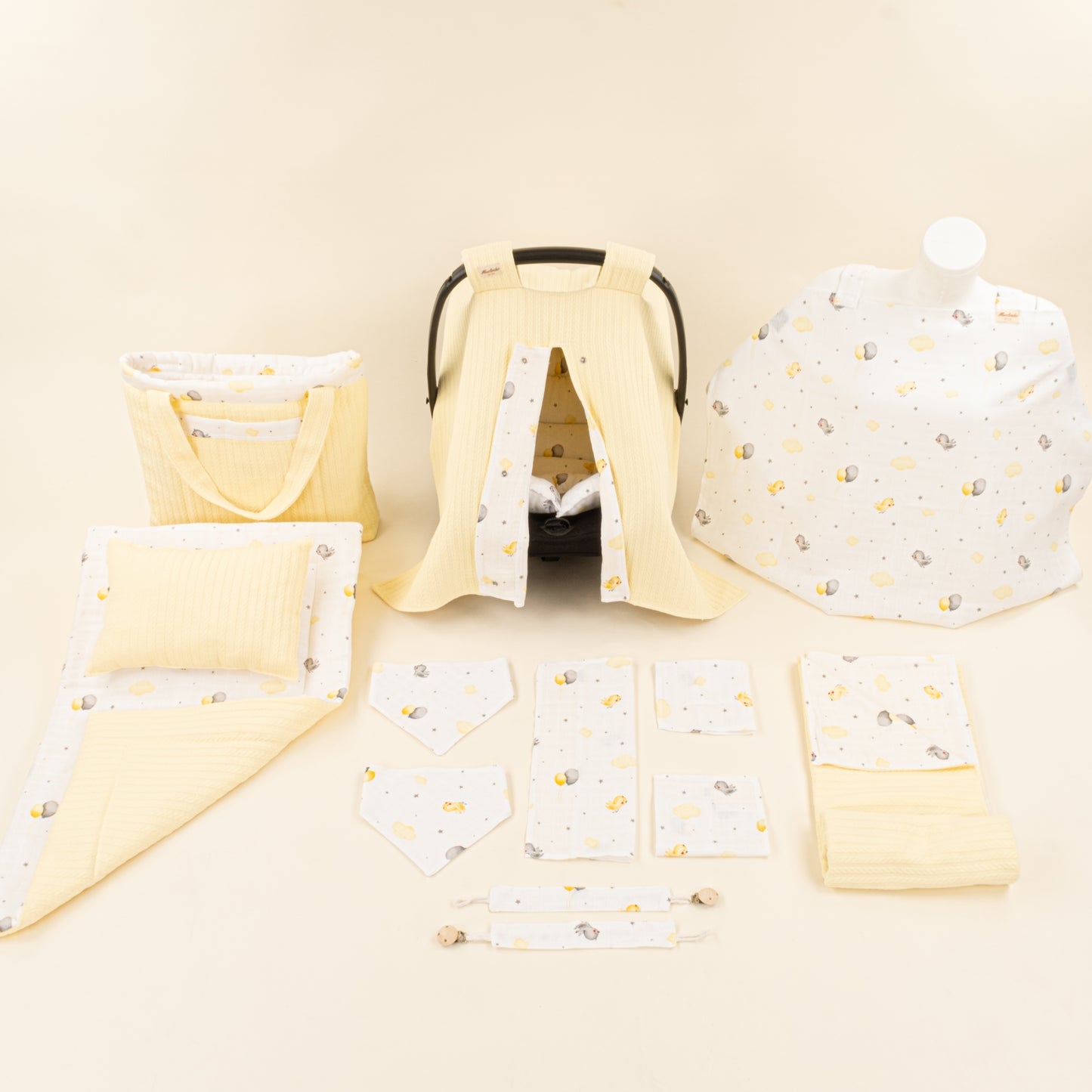 14 Parça Avantajlı Set - Çift Taraflı - Sarı Örgü - Sarı Kuş