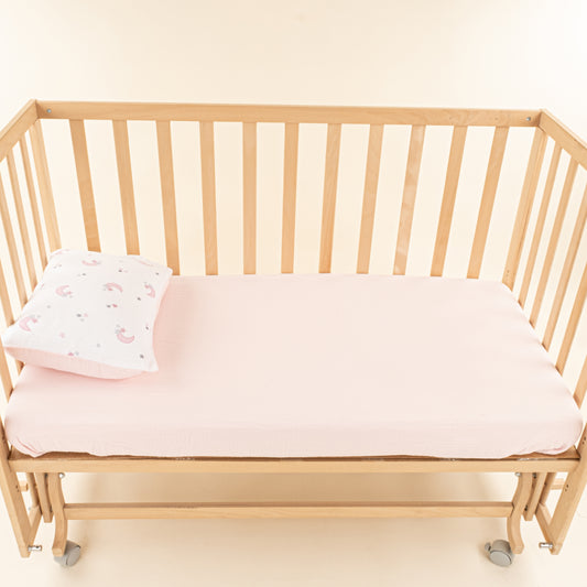 Bebek Lastikli Çarşaf ve Yastık Kılıfı - İki Katlı Organik Muslin - Bebe Pembe - Pembe Ay
