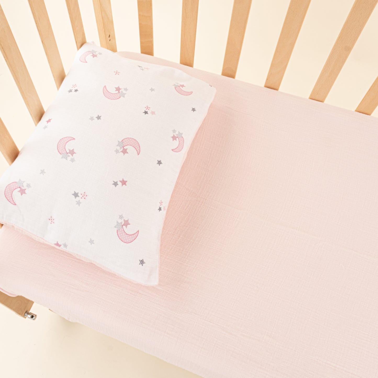 Bebek Yorgan Nevresim Seti - İki Katlı Organik Muslin - Bebe Pembe - Pembe Ay