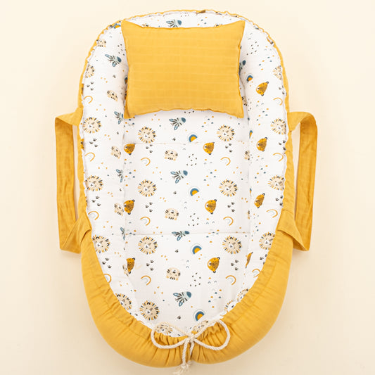 Babynest ve Yastık- Çift Taraflı - Hardal Muslin - Zoo