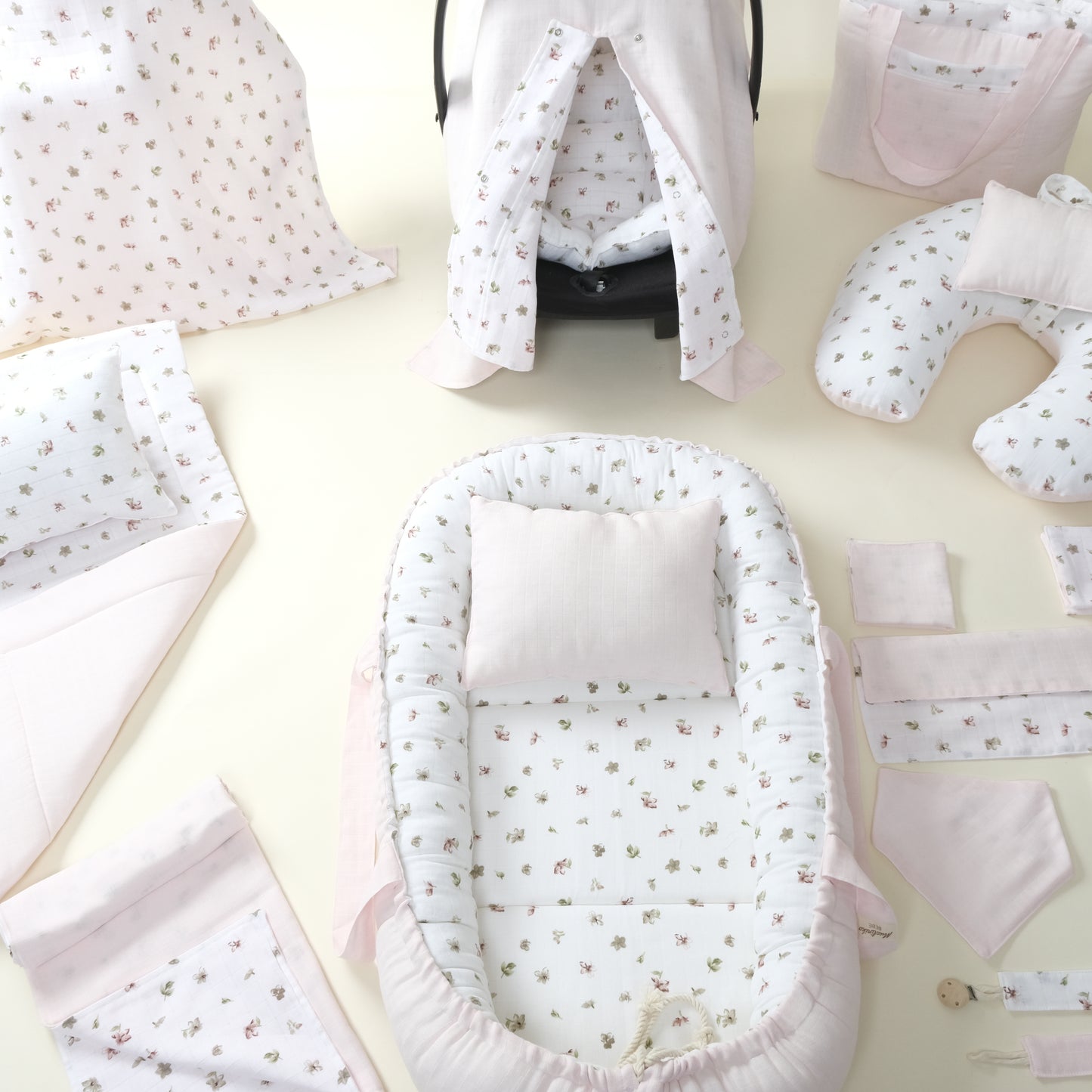 18 Parça Full Set - Çift Taraflı - Bebe Pembe Muslin - Çiçekler