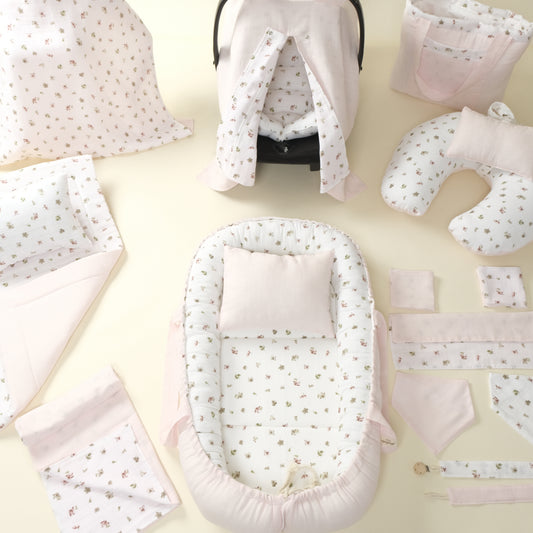 18 Parça Full Set - Çift Taraflı - Bebe Pembe Muslin - Çiçekler