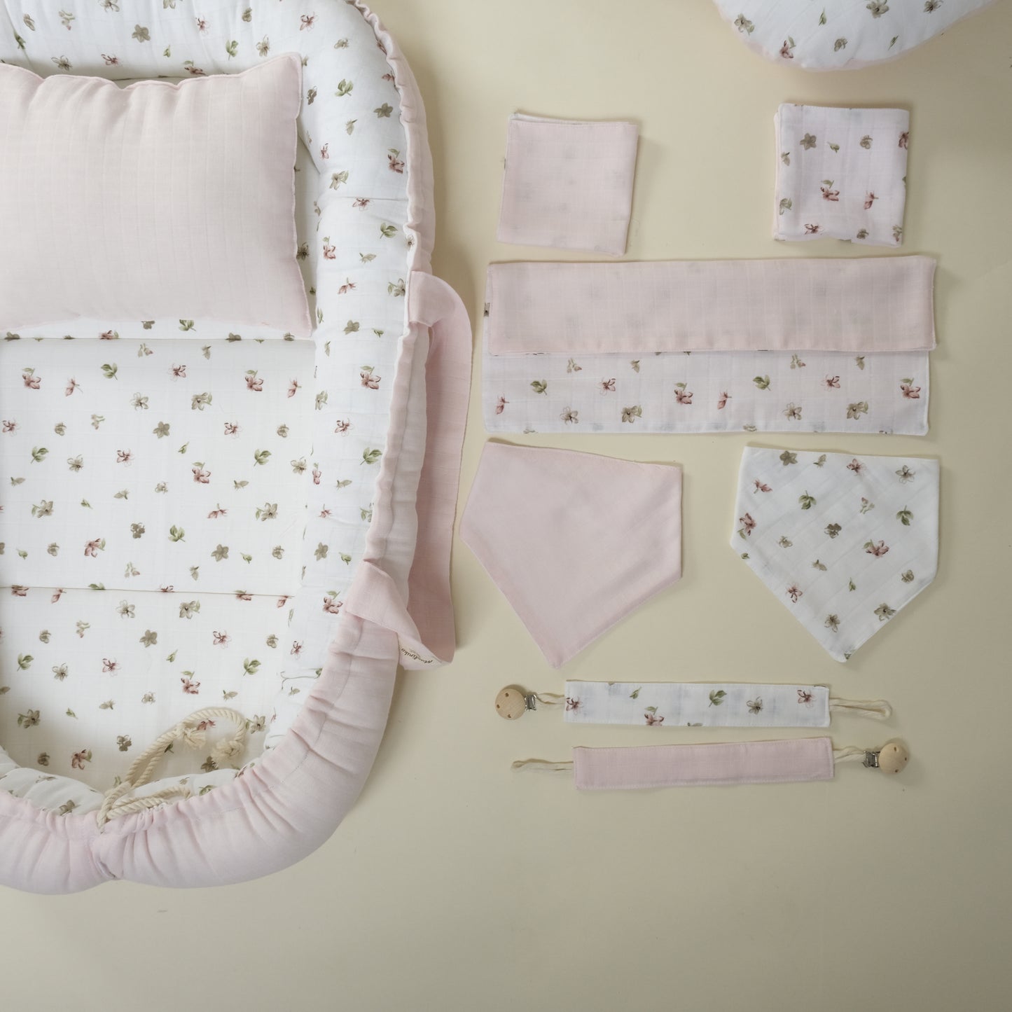 18 Parça Full Set - Çift Taraflı - Bebe Pembe Muslin - Çiçekler