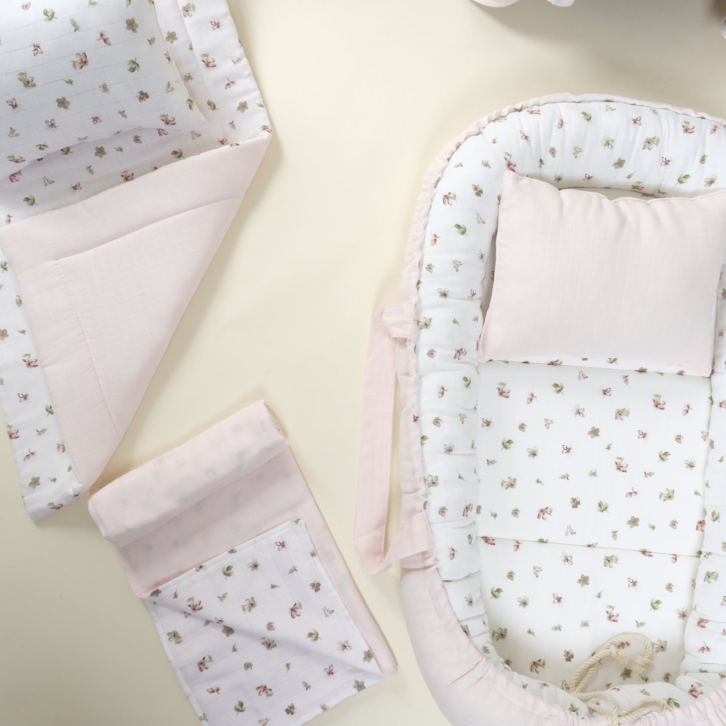 18 Parça Full Set - Çift Taraflı - Bebe Pembe Muslin - Çiçekler