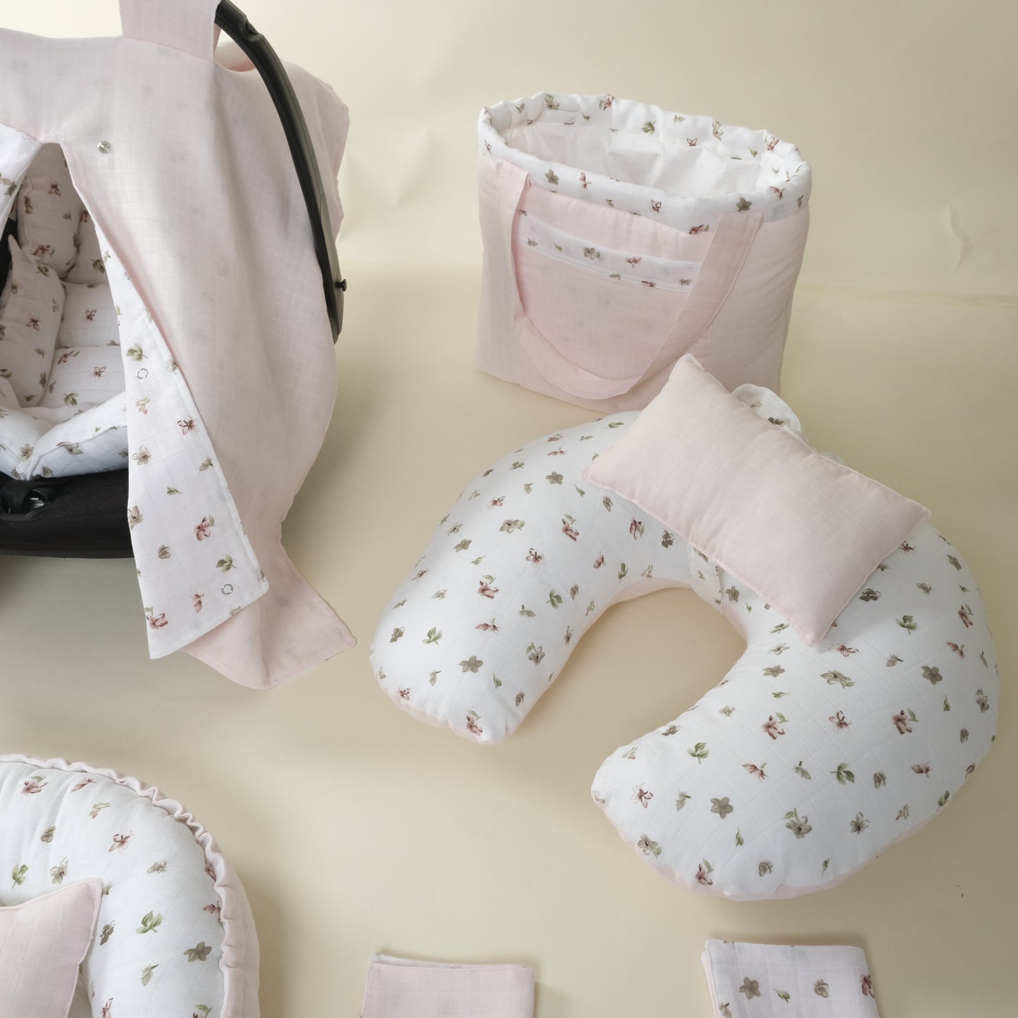 18 Parça Full Set - Çift Taraflı - Bebe Pembe Muslin - Çiçekler