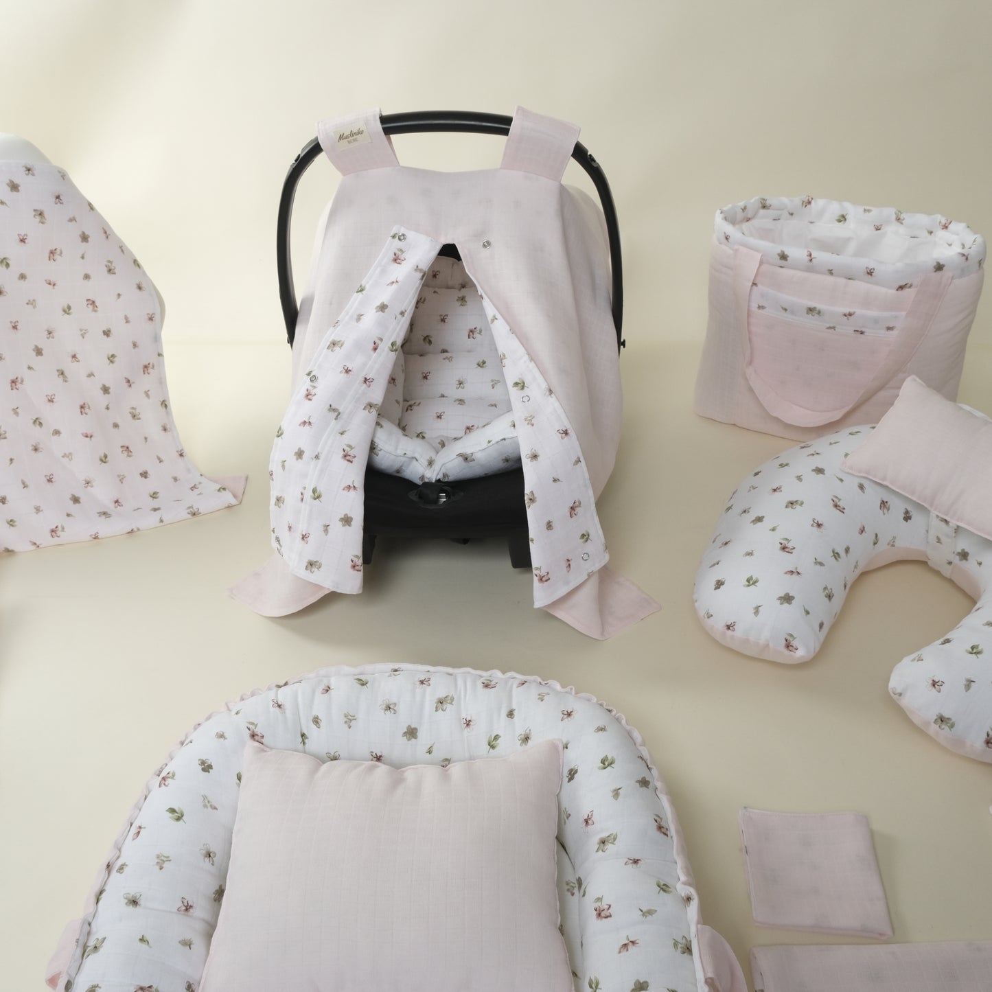 18 Parça Full Set - Çift Taraflı - Bebe Pembe Muslin - Çiçekler