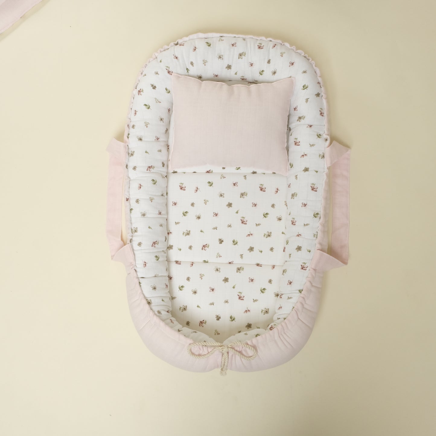 Babynest ve Yastık - Çift Taraflı - Bebe Pembe Muslin - Çiçekler