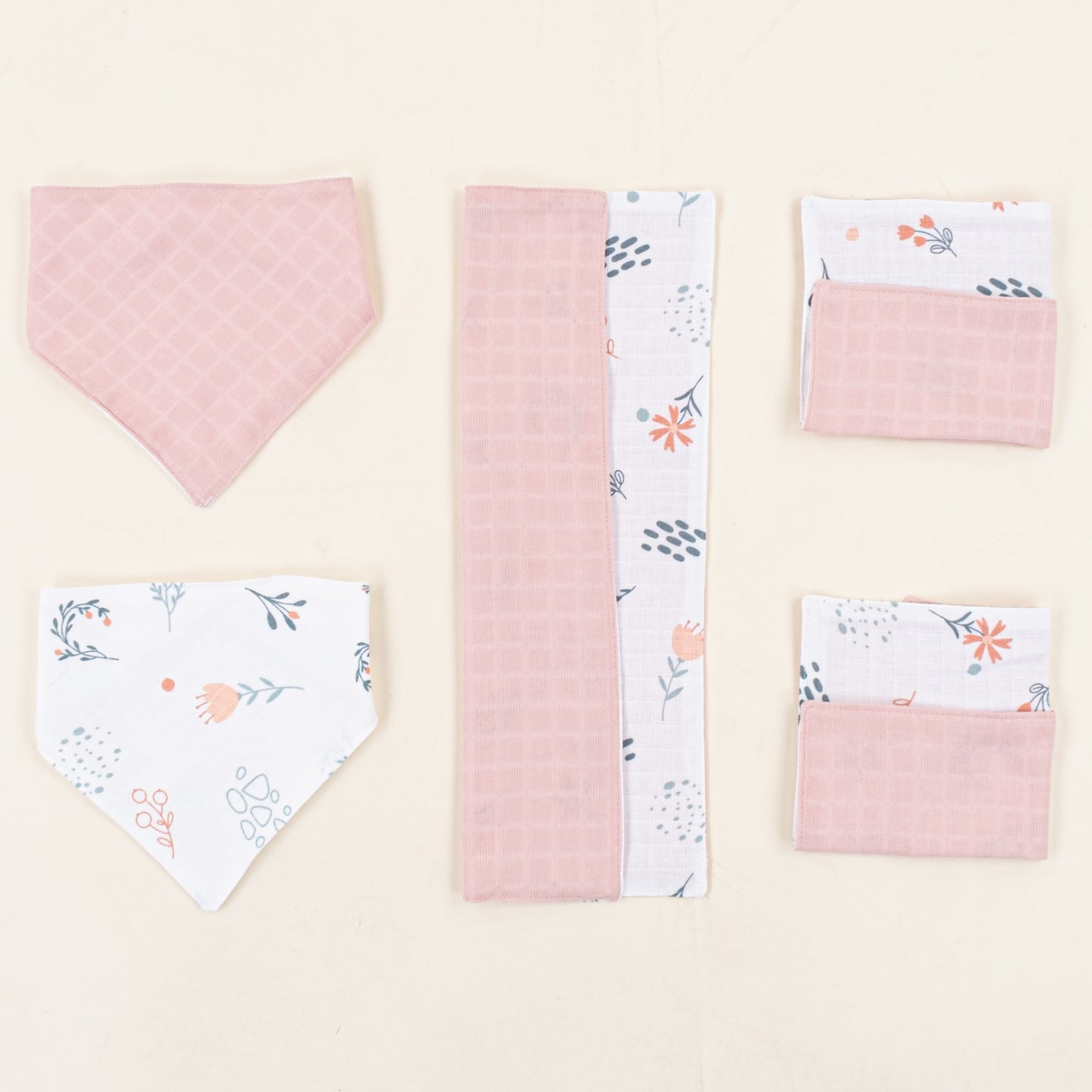 Önlük ve Mendil Seti - Çift Taraflı - Pudra Muslin - Yeşil Çiçekler