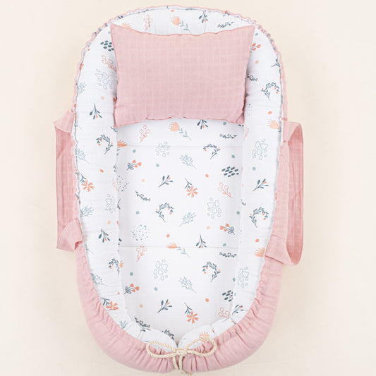Babynest ve Yastık - Çift Taraflı - Pudra Muslin - Yeşil Çiçekler