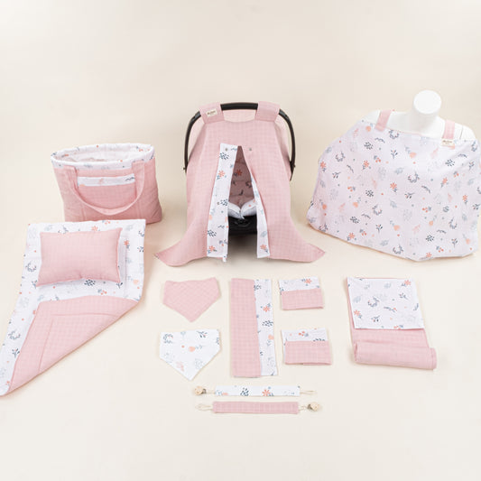 14 Parça Avantajlı Set - Çift Taraflı - Pudra Muslin - Yeşil Çiçekler