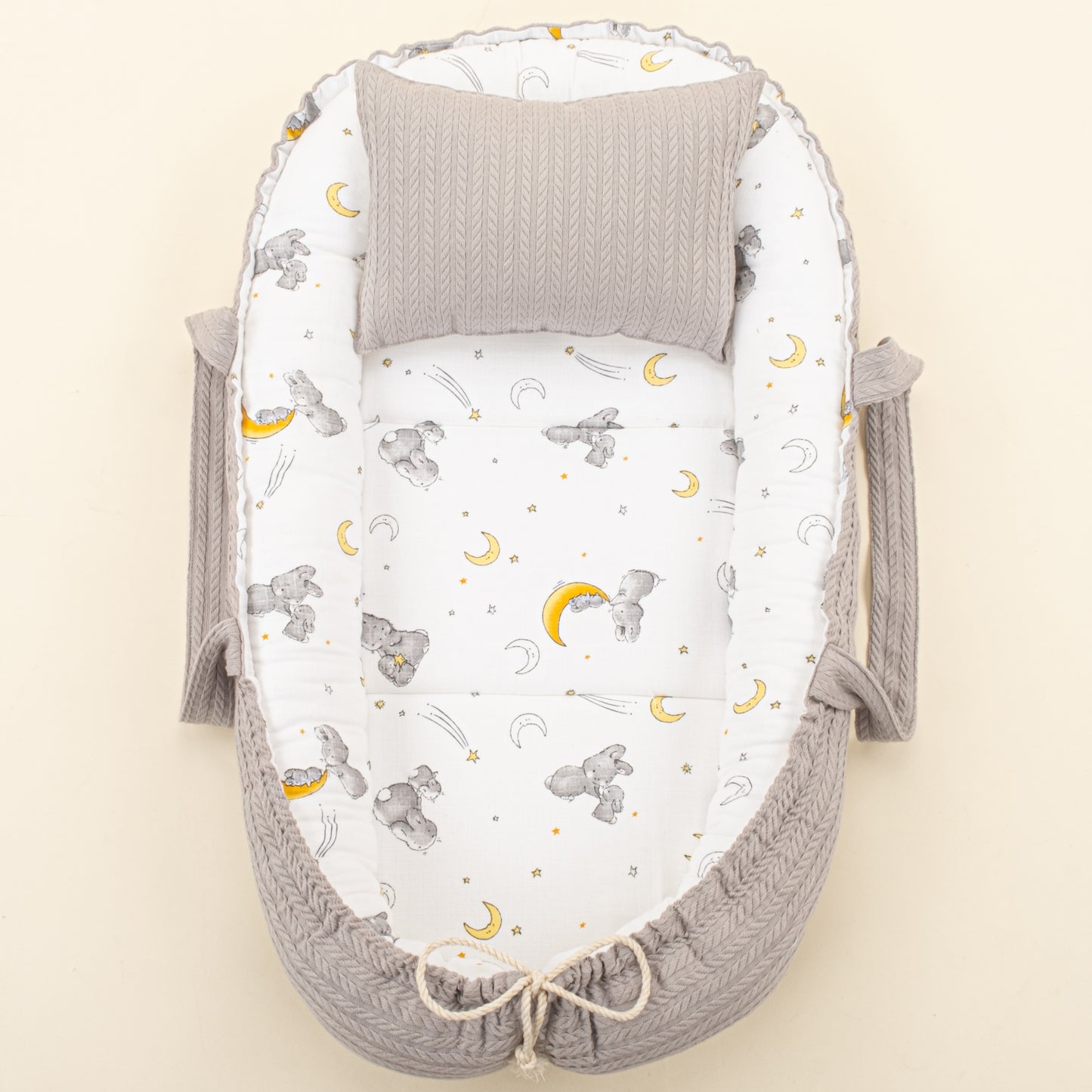 Babynest ve Yastık - Çift Taraflı - Gri Örgü - Gri Tavşan