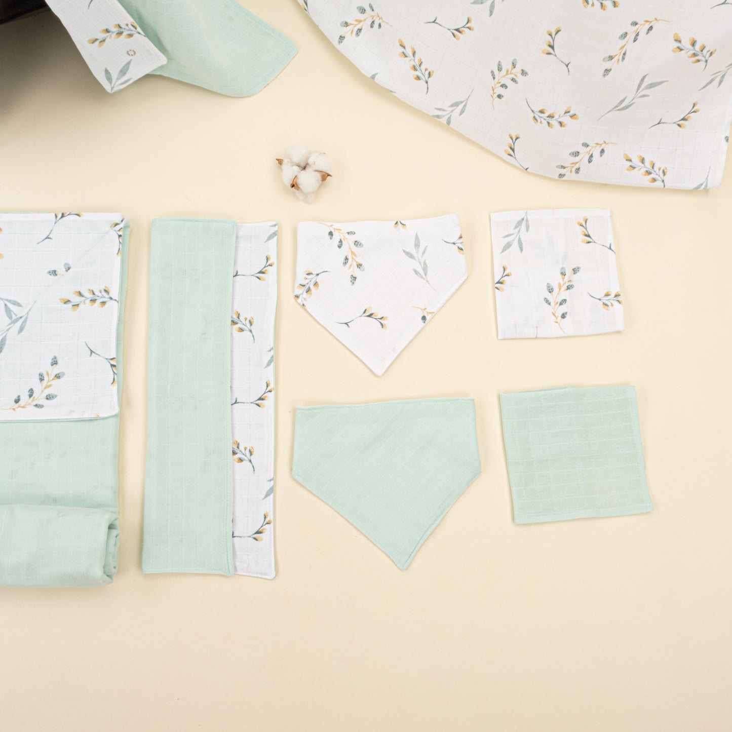 9 Parça Avantajlı Set - Çift Taraflı - Mint Muslin - Yapraklar