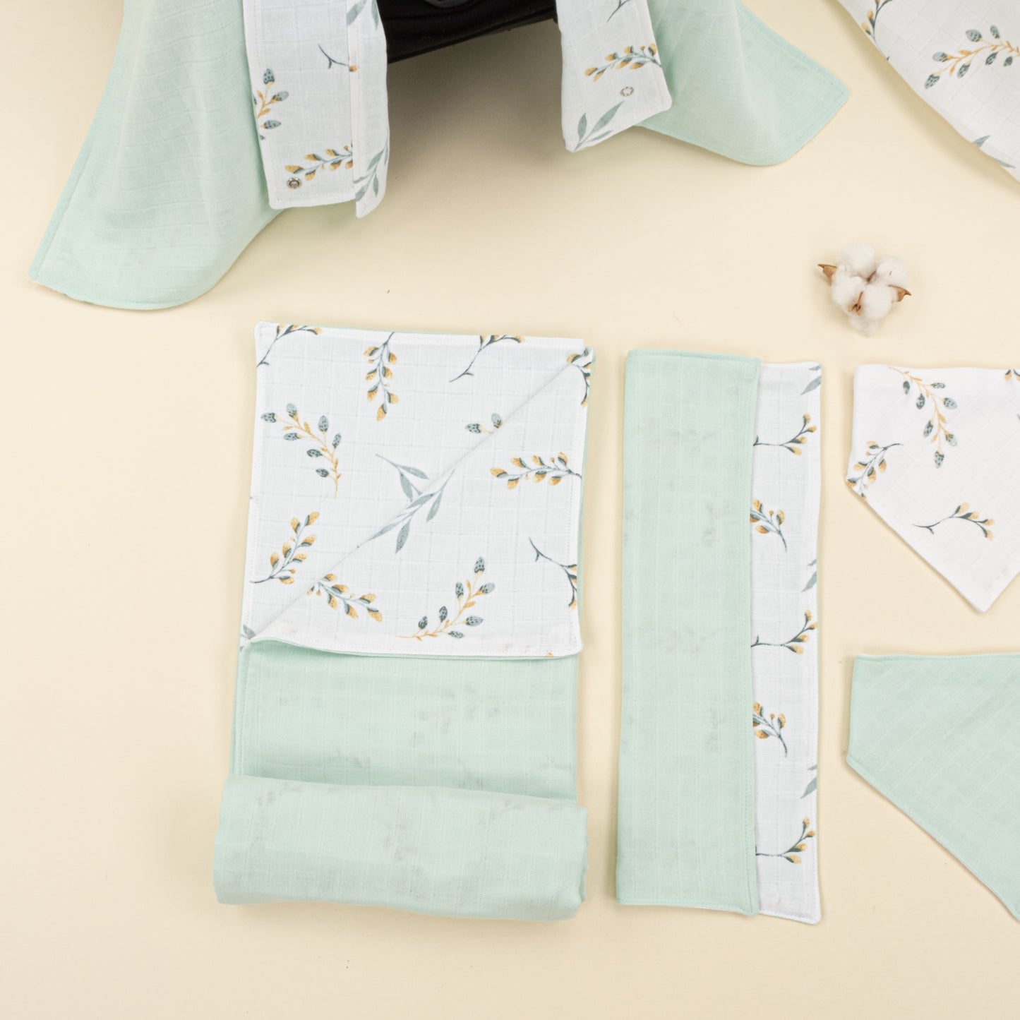 9 Parça Avantajlı Set - Çift Taraflı - Mint Muslin - Yapraklar