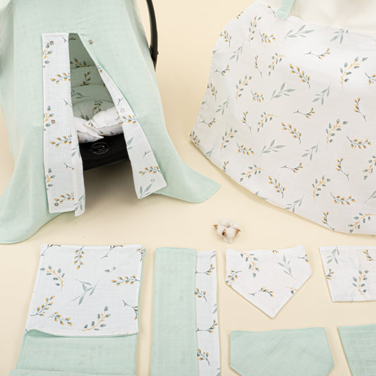 9 Parça Avantajlı Set - Çift Taraflı - Mint Muslin - Yapraklar