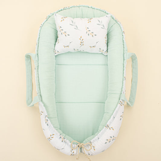 Babynest  ve Yastık - Çift Taraflı - Mint Muslin - Yapraklar