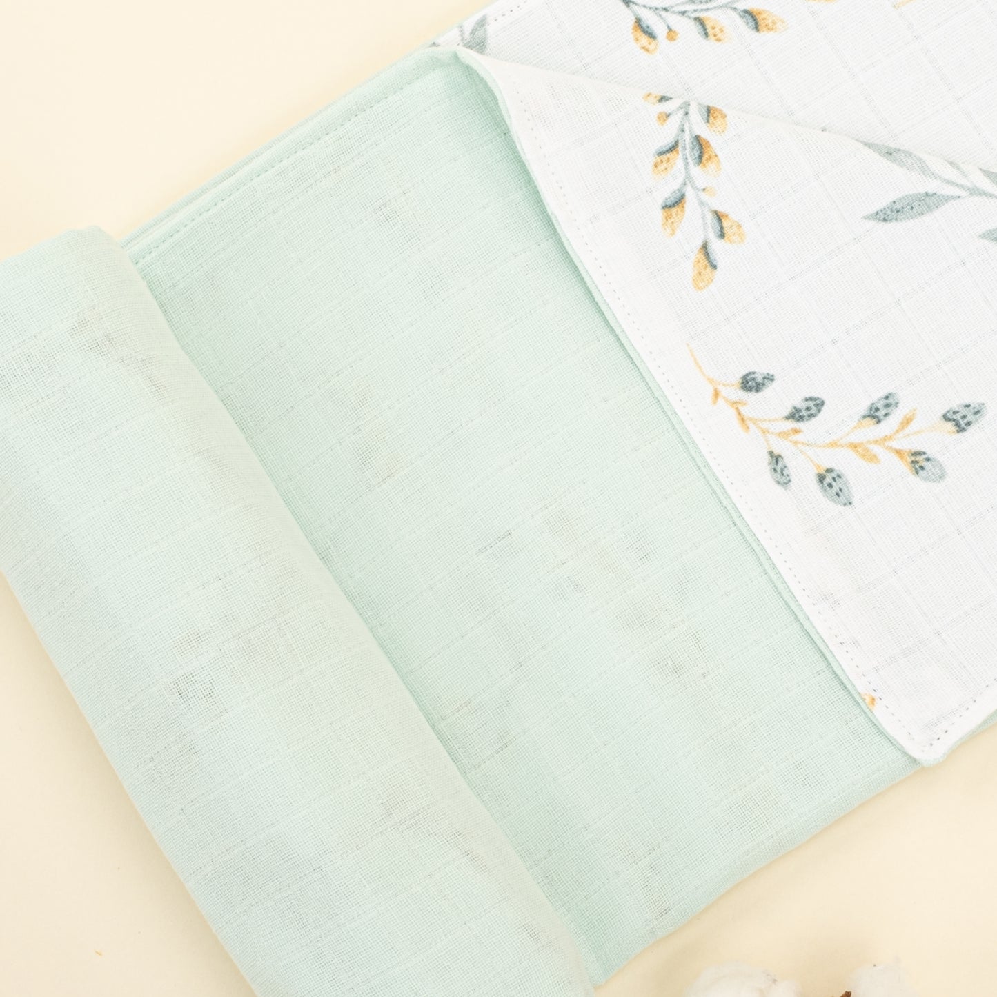 Çift Taraflı Muslin Örtü - Mint Muslin - Yapraklar