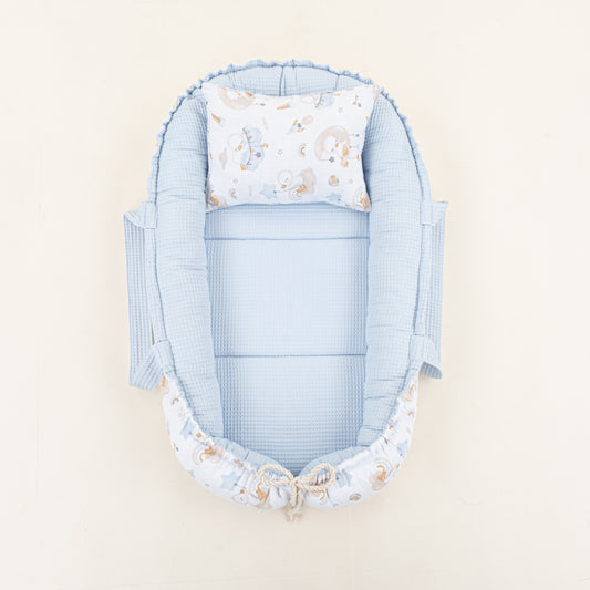 Babynest ve Yastık - Çift Taraflı - Bebe Mavi Petek - Uykucu Ördek
