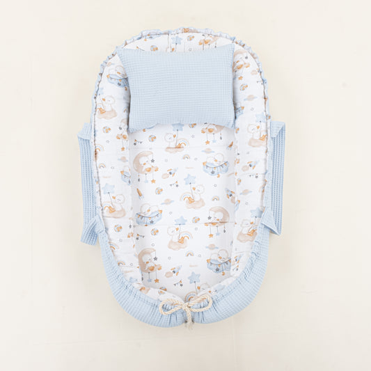 Babynest ve Yastık - Çift Taraflı - Bebe Mavi Petek - Uykucu Ördek