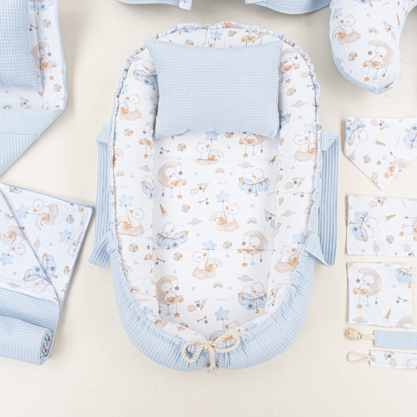 18 Parça Full Set - Çift Taraflı - Bebe Mavi Petek - Uykucu Ördek