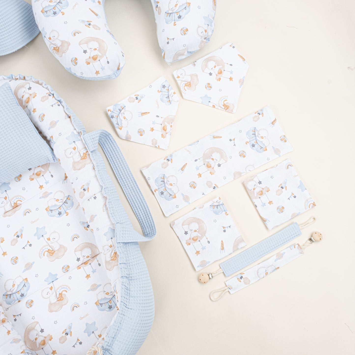 18 Parça Full Set - Çift Taraflı - Bebe Mavi Petek - Uykucu Ördek