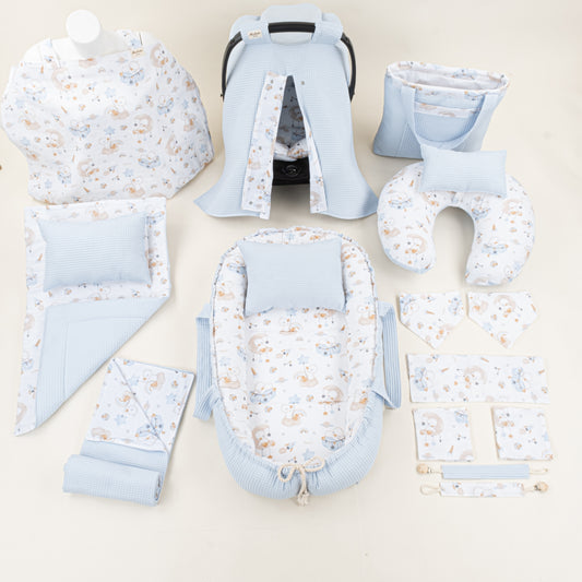 18 Parça Full Set - Çift Taraflı - Bebe Mavi Petek - Uykucu Ördek