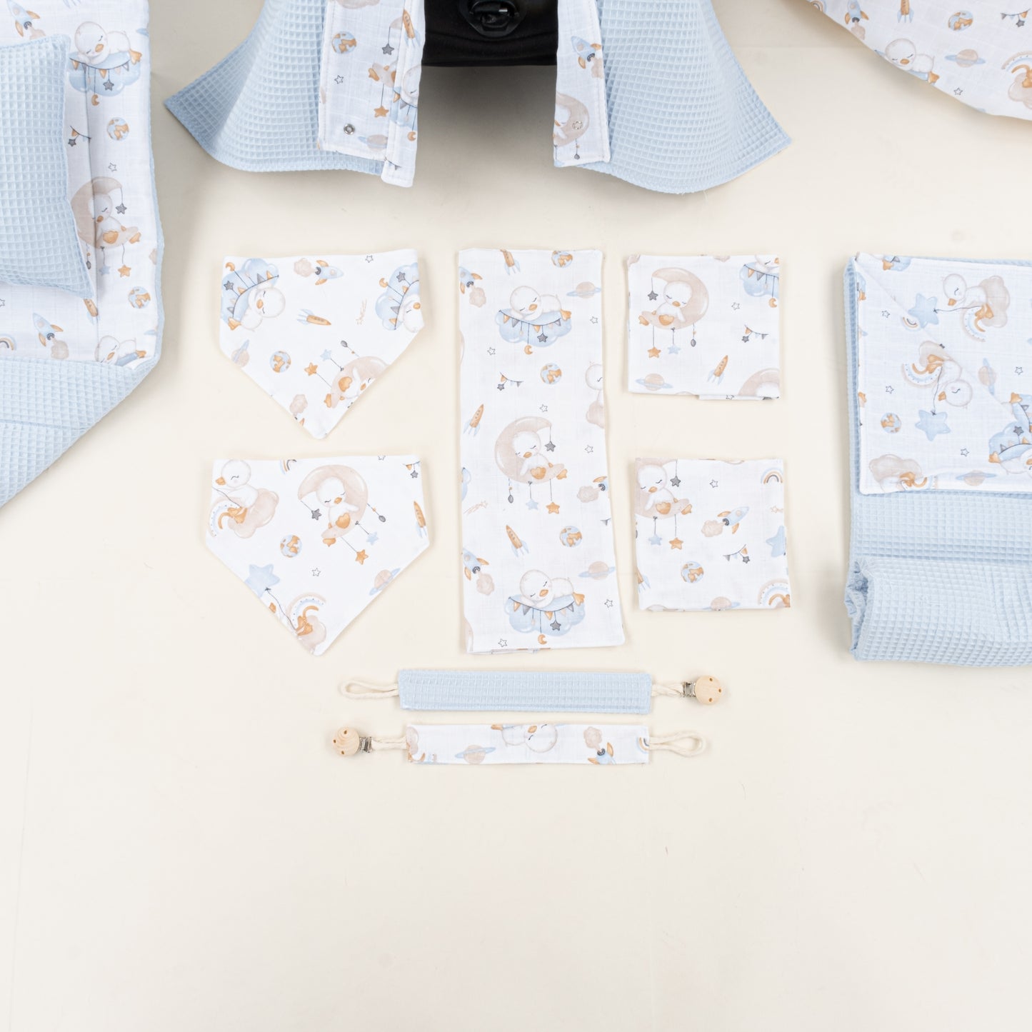 14 Parça Avantajlı Set - Çift Taraflı - Bebe Mavi Petek - Uykucu Ördek