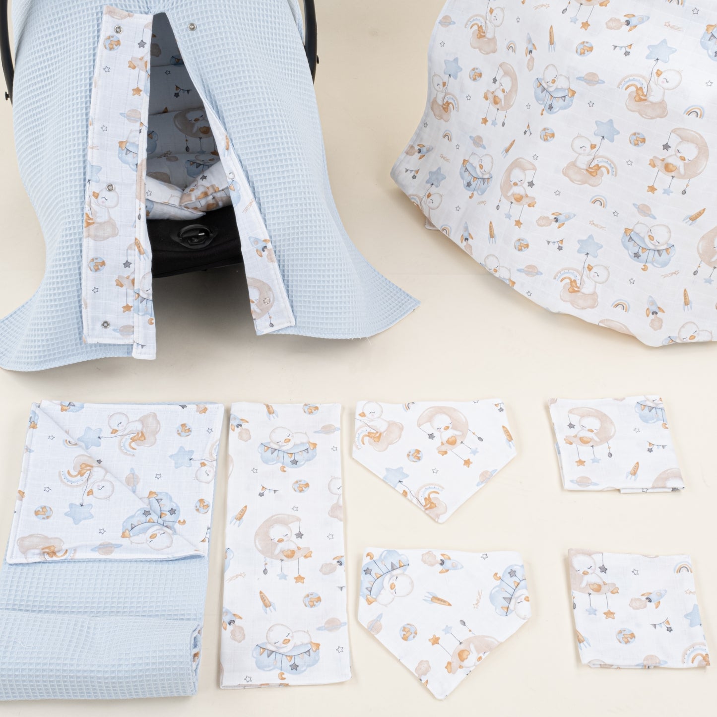 9 Parça Avantajlı Set - Çift Taraflı - Bebe Mavi Petek - Uykucu Ördek